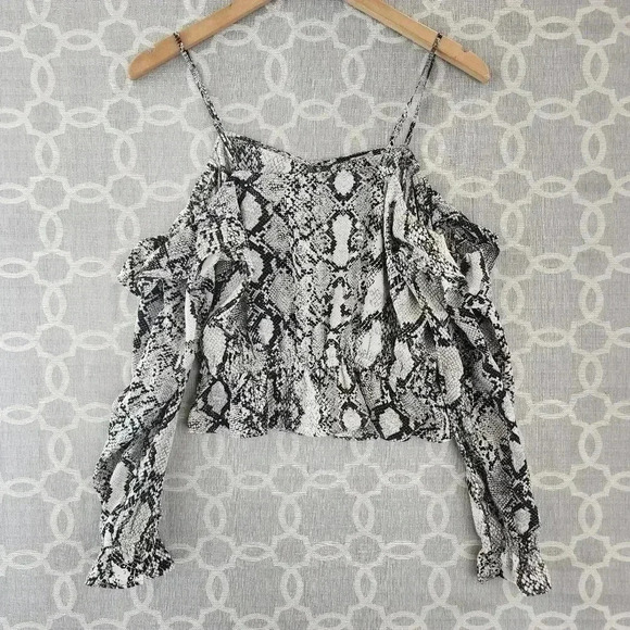 Express Ruffle Cold Shoulder Snake Print Long Sleeve  Cropped Women's Blouse S/P - Picture 7 of 9